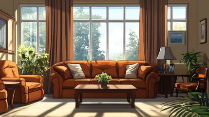 Brown living room interior with couch, table and seats, panoramic window