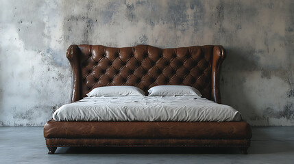 Brown shabby leather bed against concrete wall, loft interior design of modern bedroom