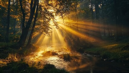 Obraz premium Sunlit Forest River with Flowing Water and Mossy Rocks