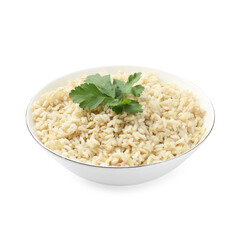 Delicious brown rice with parsley isolated on white