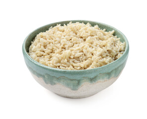 Delicious brown rice in bowl isolated on white