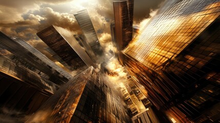 Aerial View of Skyscrapers Under Dramatic Cloudy Sky at Sunset