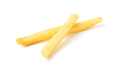 Two delicious French fries isolated on white