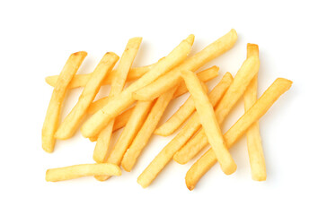 Many delicious French fries isolated on white, top view