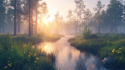 Obraz premium Lush Green Forest with Glimmering Stream and Sunlight