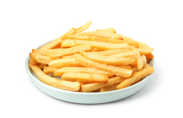 Many delicious French fries isolated on white