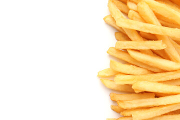 Pile of delicious French fries on white background, top view