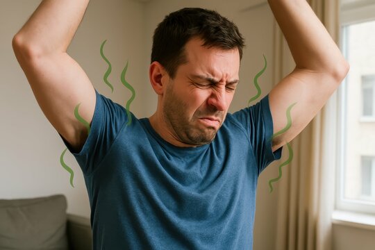 Man Reacting to Unpleasant Body Odor in Indoor Setting