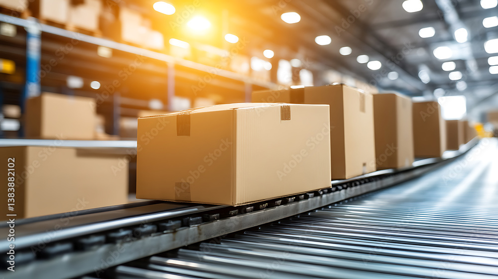 Poster cardboard boxes on a conveyor belt in a warehouse, representing efficient micro-fulfillment operatio