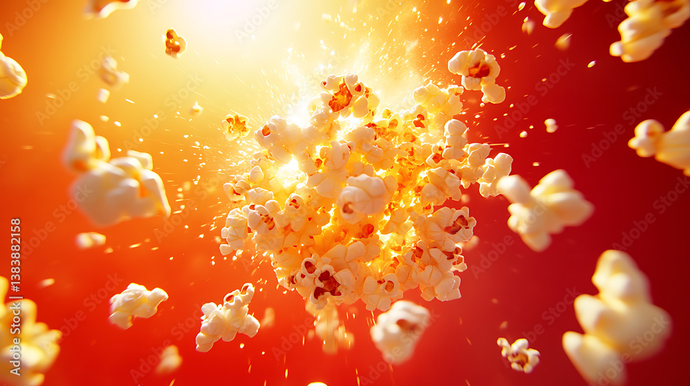 Aufkleber carton of popcorn exploding on a red background, flying popcorn