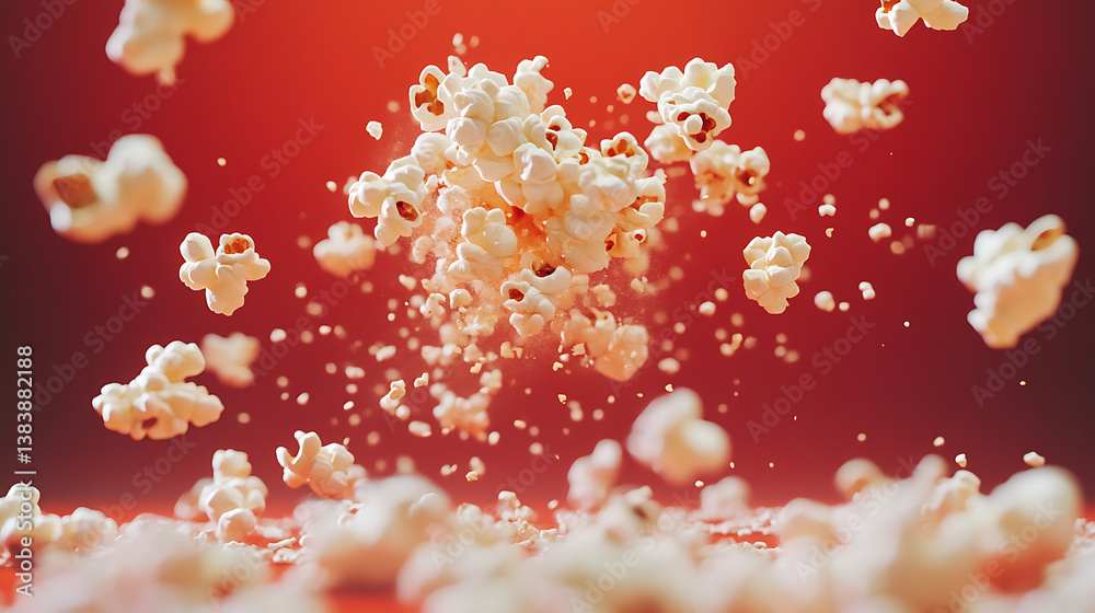Poster carton of popcorn exploding on a red background, flying popcorn