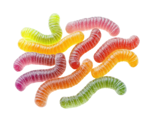 Colorful gummy worms sweet treats isolated on transparent background, png