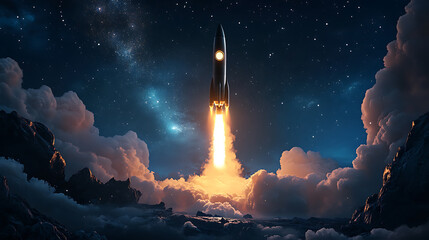 Cartoon spaceship rocket launching to the outer space at night