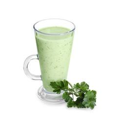 Healthy parsley drink in glass and leaves isolated on white