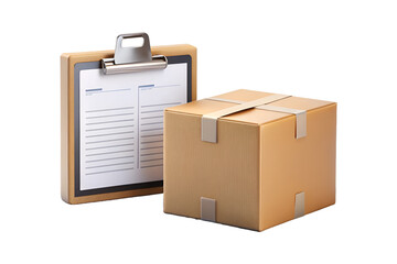 3D Cardboard Box and Clipboard Isolated on Transparent Background