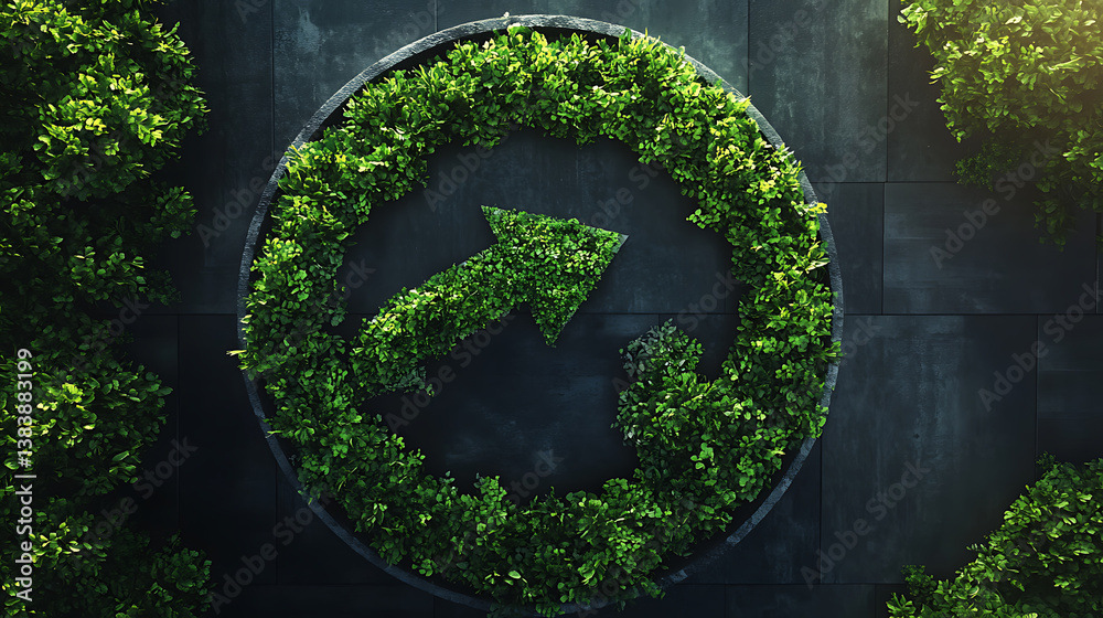 Poster Circular economy concept highlighting green and environmentally sustainable practices with an up arrow symbolizing development and growth in eco-friendly initiatives and resource efficiency