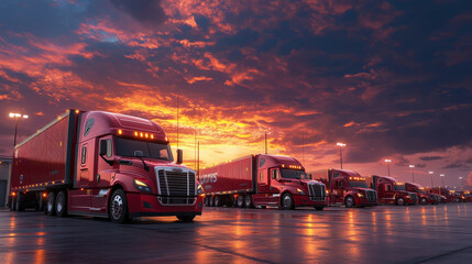 fleet of freight trucks lined up at logistics hub during sunset, showcasing vibrant colors in sky. scene evokes sense of industry and transportation efficiency