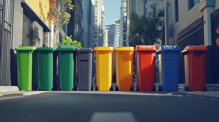 City waste bins lined up on a urban street promoting cleanliness and environmental responsibility, the bins are color coded for different types of waste,