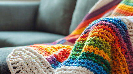 Fototapeta premium Close-up of a knitted blanket on the sofa, minimal colorful crochet blanket