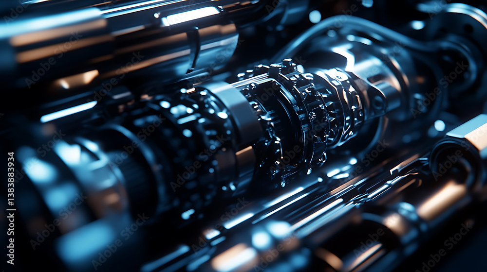 Poster Close-up of a sleek, modern automatic transmission with a complex array of gears, wires and hydraulic lines, illuminated by soft lighting