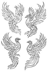 Collection of Phoenixes coloring book vector designs, Phoenixes illustration art