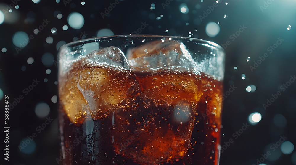 Aufkleber close-up of ice cubes in cola water, texture of a carbonated drink with bubbles in the glass, cola s
