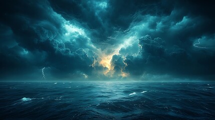 Fototapeta premium A powerful image of a stormy sky over a calm ocean, emphasizing the striking contrast between chaos above and tranquility below