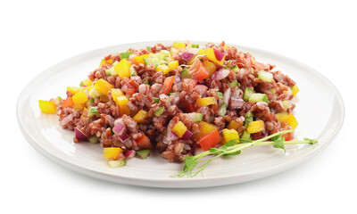 tasty salad with brown rice isolated on white