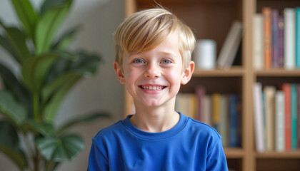 Young blond boy smiling brightly in royal blue shirt against bookshelf and indoor plant, embodiment of joy and happiness.