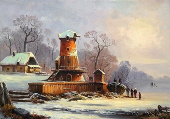 winter landscape with windmill