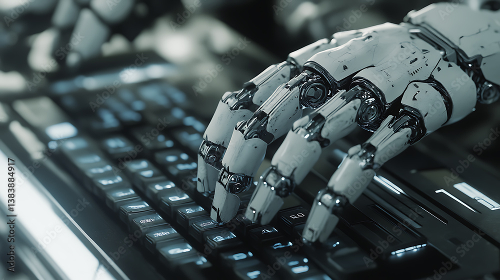 Poster Close up of a robotic artificial intelligence hand typing on a computer