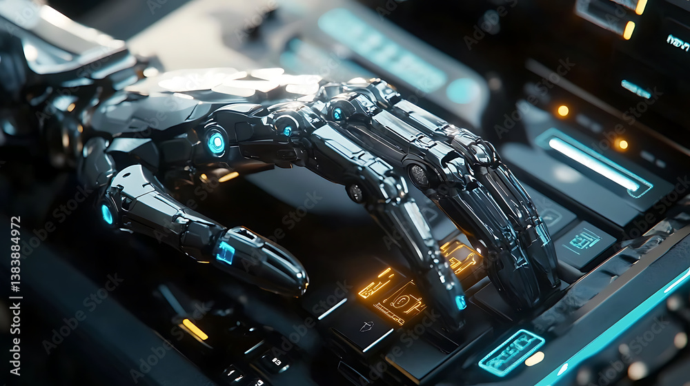 Poster Close up of a robotic artificial intelligence hand typing on a computer