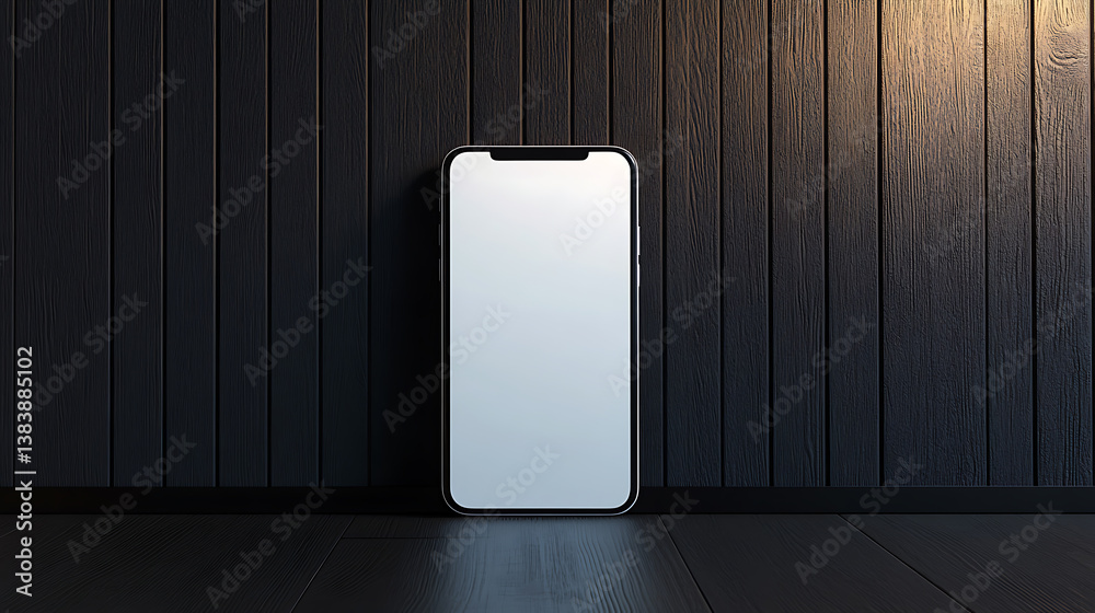 Poster close up of empty white mobile phone on dark wall and wooden surface background, mobile app concept,