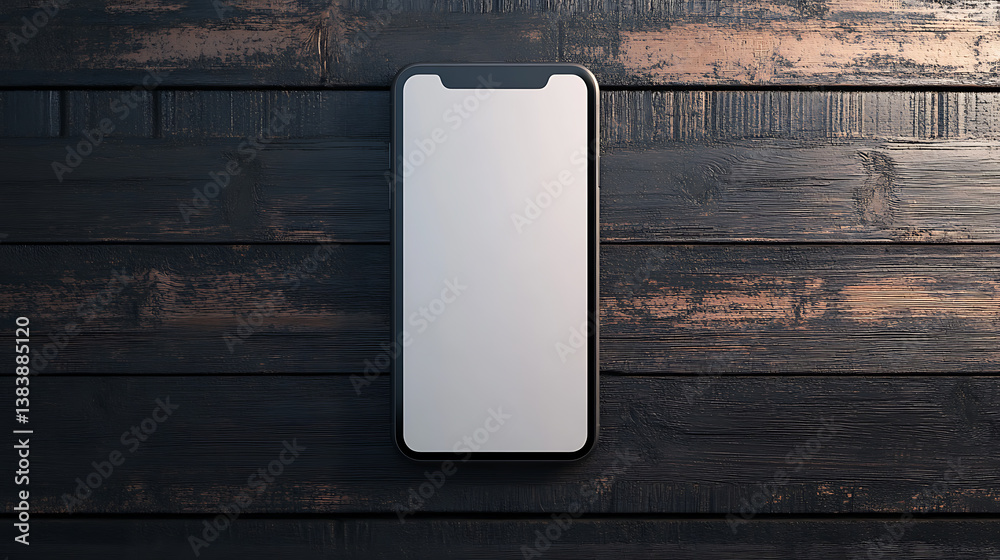 Poster close up of empty white mobile phone on dark wall and wooden surface background, mobile app concept,