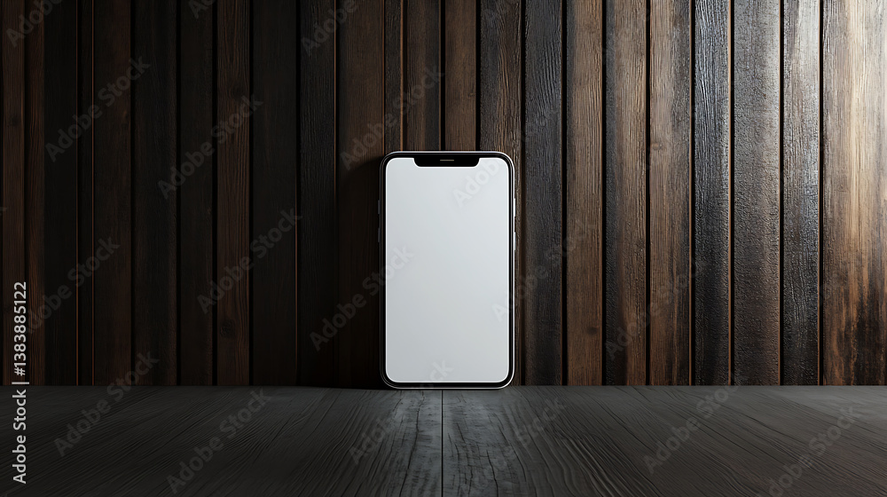 Poster close up of empty white mobile phone on dark wall and wooden surface background, mobile app concept,