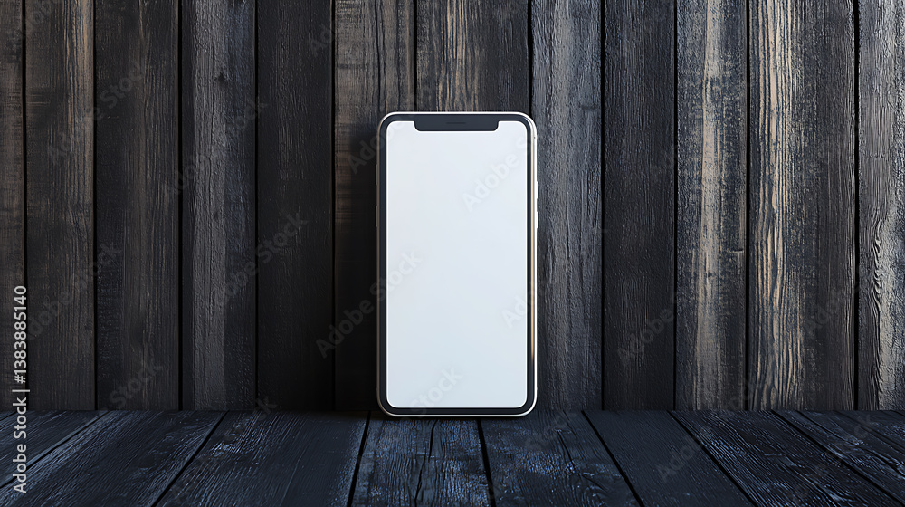 Poster close up of empty white mobile phone on dark wall and wooden surface background, mobile app concept,