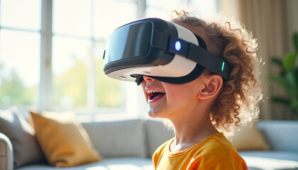 A joyful child laughing while wearing a VR headset in a bright modern living room, embracing technology and imagination.