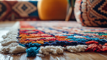 Fototapeta premium Close up of moroccan crafted carpet on a wooden floor, selective focus