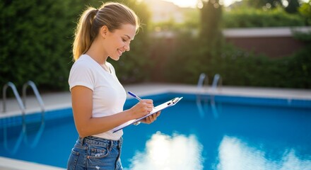 Pool Service Technician Inspecting Pool - A young woman pool technician carefully inspects a swimming pool, taking notes on a clipboard