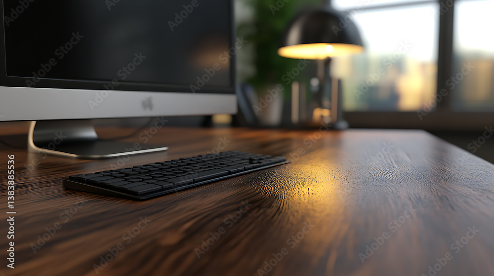 Leinwandbilder close up of wooden office desk top with empty computer monitor and rfeflections, lamp and keyboard o