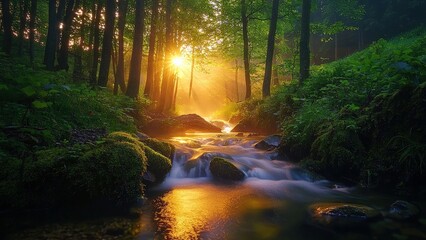 Obraz premium Sun-Drenched Trees and Flowing Forest Water