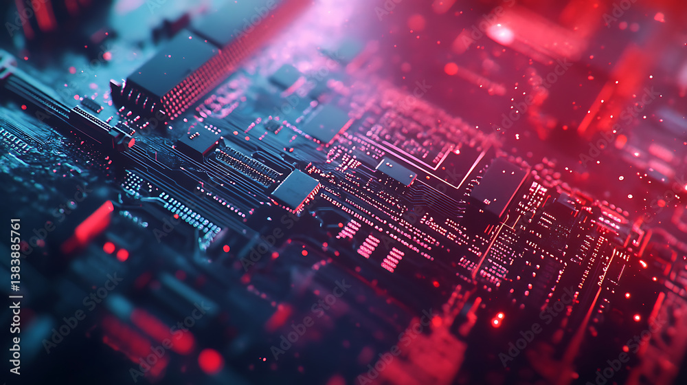 Poster closeup hardware background of motherboard, circuit cpu microchip digital, concept of technology, il
