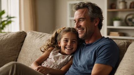 Obraz premium Happy father and daughter enjoying cozy moment together on a couch in a warm, sunny living room