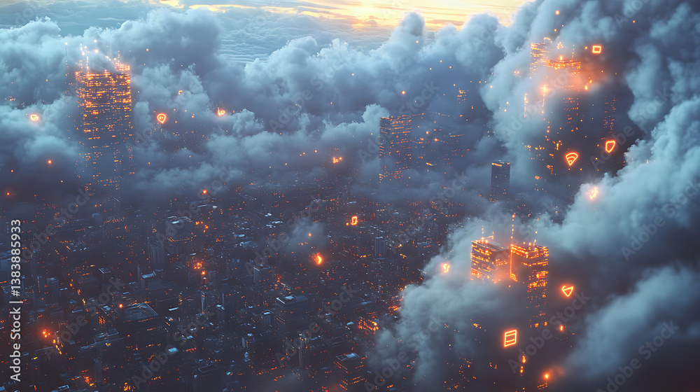 Aufkleber Cloud computing with multiple networks and digital devices on top of a city
