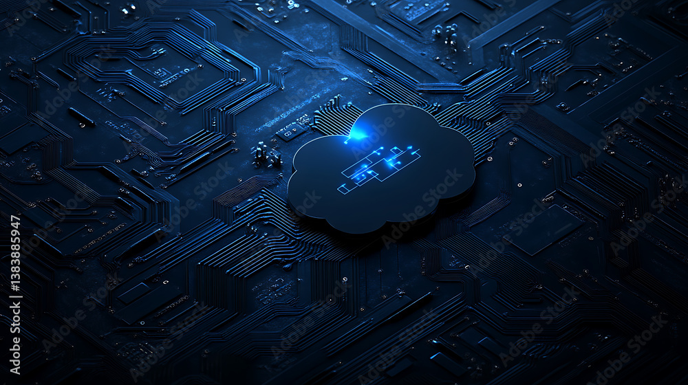 Poster Cloud technology, data exchange and storage concept with 3d digital cloud symbol with circuit on dark blue abstract technological background and empty space, 3d rendering