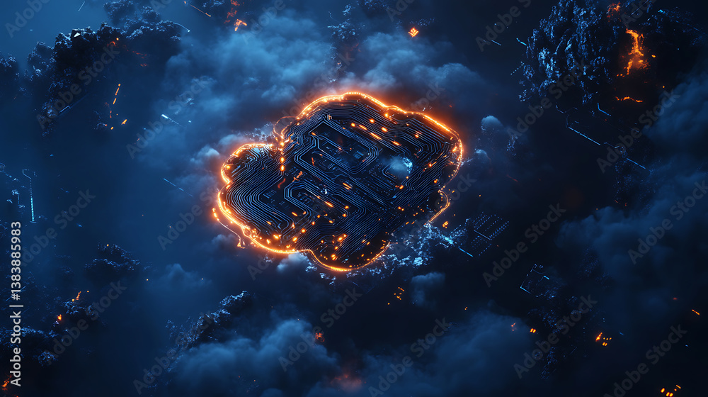 Poster Cloud technology, data exchange and storage concept with 3d digital cloud symbol with circuit on dark blue abstract technological background and empty space, 3d rendering