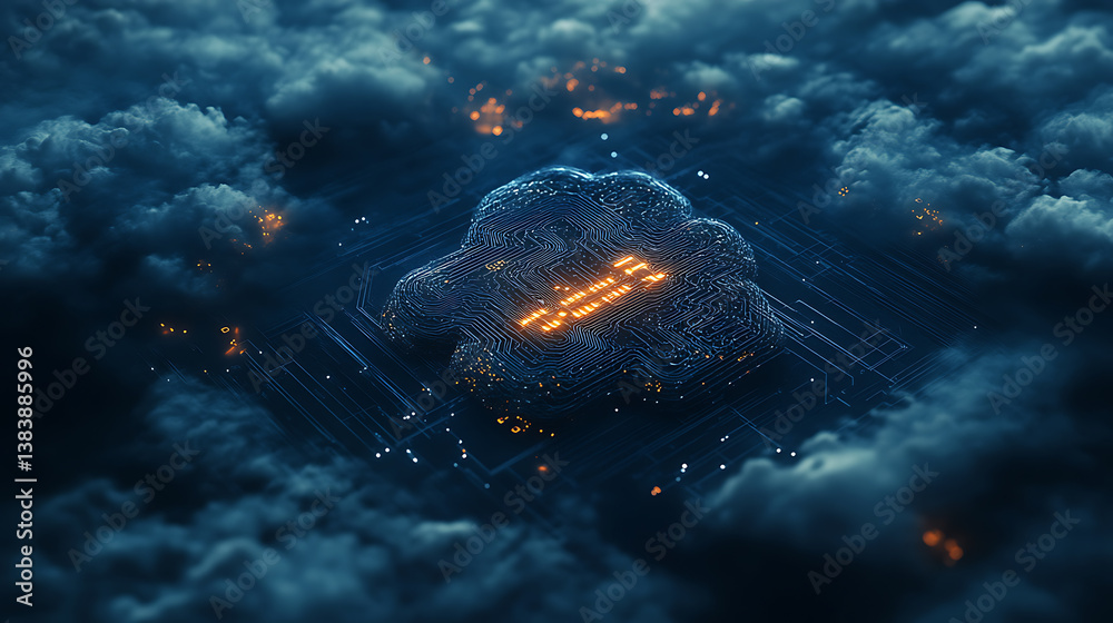 Leinwandbilder Cloud technology, data exchange and storage concept with 3d digital cloud symbol with circuit on dark blue abstract technological background and empty space, 3d rendering