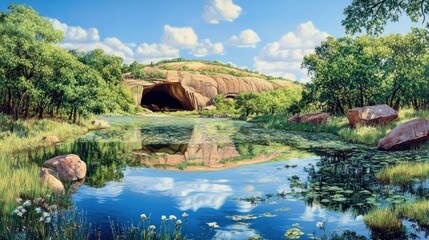 Serene cave lake reflection, summer landscape, peaceful nature scene, stock photo