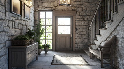 Obraz premium Coastal style entrance hall with stone wall and rustic wood accents