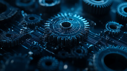 Cogs and gear wheel mechanisms concept, low polygonal blue mesh with lines, dots, and shapes, iso standards quality control concept